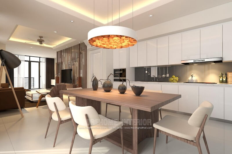 Thiết kế tủ bếp hiện đại đẹp liền kề với khu vực ăn uống, đáp ứng được cho gia chủ những bữa ăn ngon miệng và nhanh chóng Tủ bếp đẹp