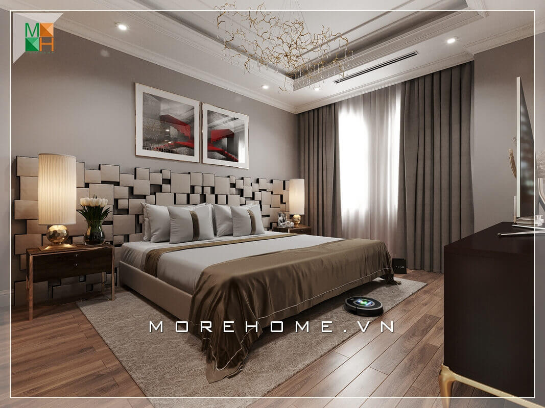 Mẫu giường ngủ khung gỗ, độc đáo với lối thiết kế lạ mắt đầu giường ngủ hiện đại tạo sự thu hút ánh nhìn.