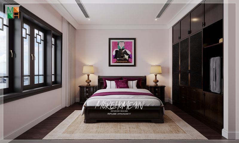 Kệ tủ quần áo mang tone màu hợp với chiếc giường ngủ góp phần tạo nên sự hài hòa và ấn tượng trong mắt người nhìn.