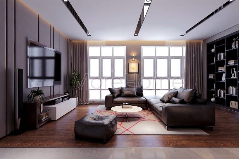 Kệ ti vi phòng khách màu trắng được coi như là điểm nhấn ấn tượng hơn cho không gian tiếp khách của gia chủ