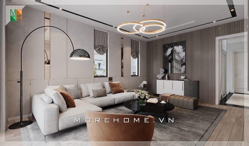 Bộ sofa chữ L bằng gỗ bọc nỉ màu ghi xám mang đến sự sang trọng, hiện đại cho phòng khách