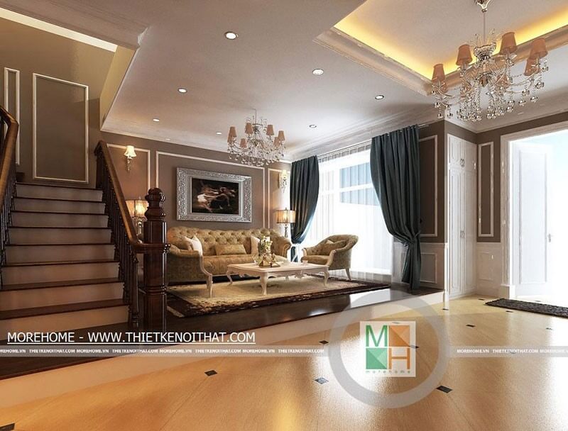 Mẫu sofa tân cổ điển màu nhũ vàng cùng điểm nhấn ở thành ghế tạo điểm sáng cho căn phòng