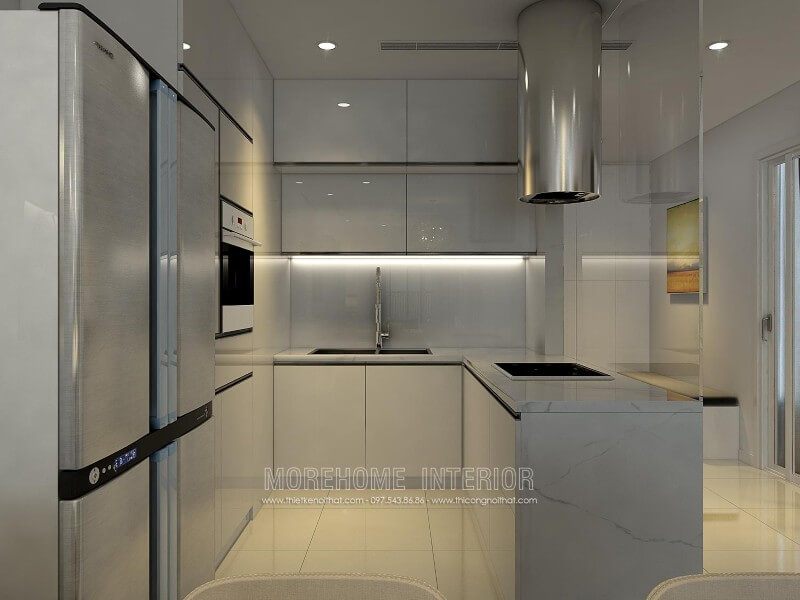 Tủ bếp gỗ Acrylic màu trắng là lựa chọn tuyệt vời cho các căn hộ chung cư nhỏ, giúp cải thiện không gian và làm cho nó trở nên rộng rãi và tinh tế hơn.