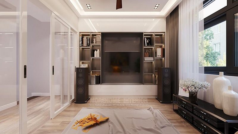 Mẫu kệ trang trí gỗ được gắn liền với kệ tivi đẹp và hiện đại.