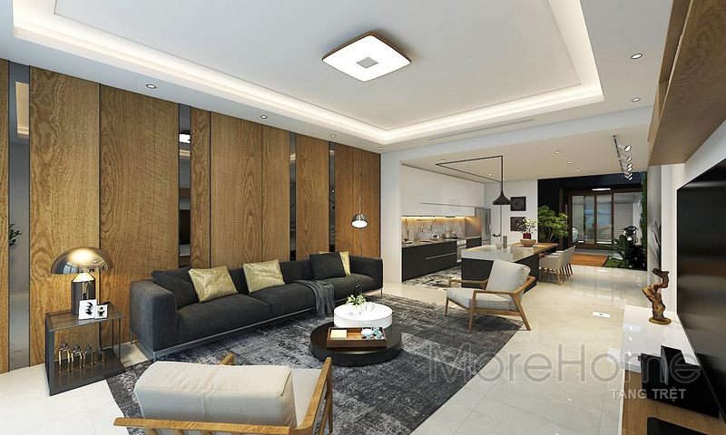Sofa bọc vải dài hiện đại với tông màu tối giúp không gian phòng khách hòa hợp về màu sắc trong phòng.
